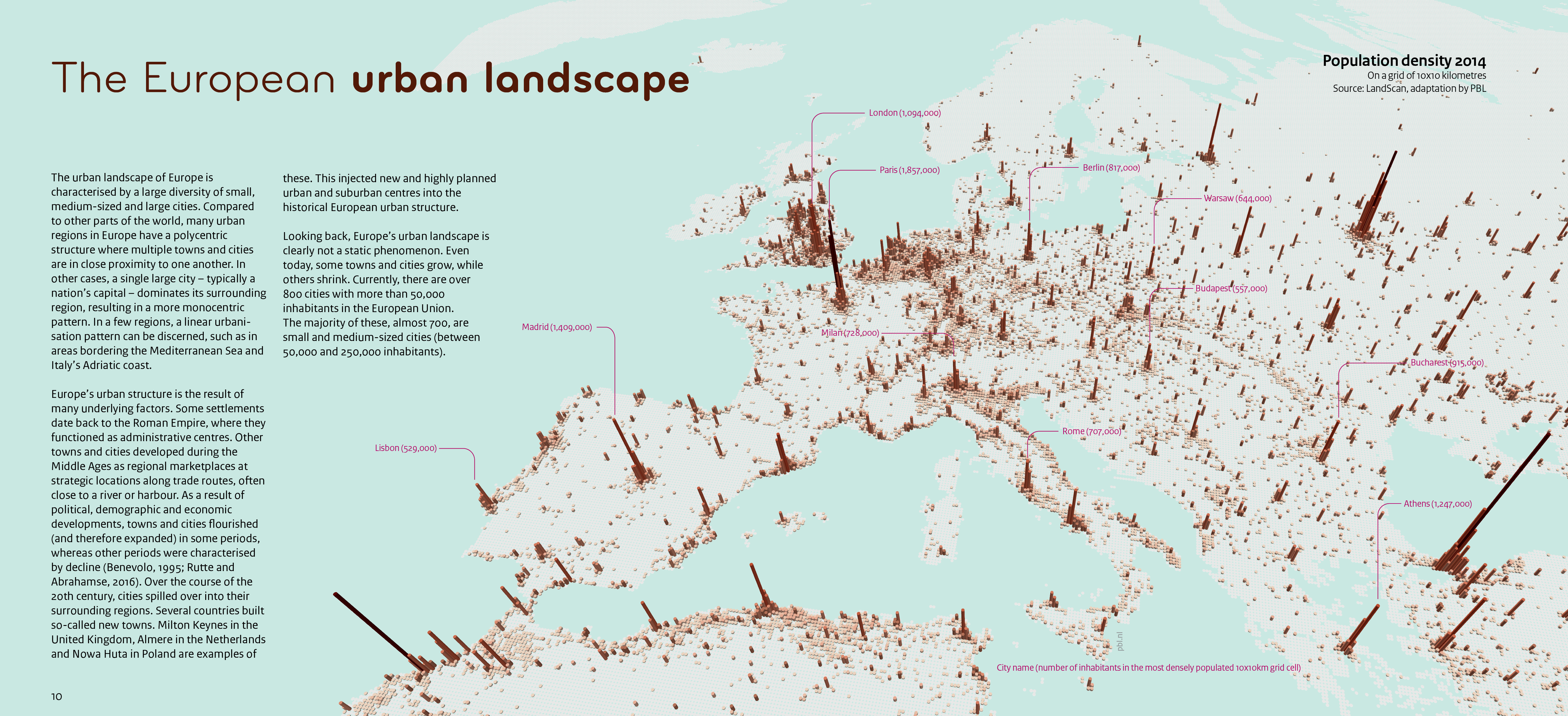 This infographic shows European population densities on a grid of 10x10 kilometres.