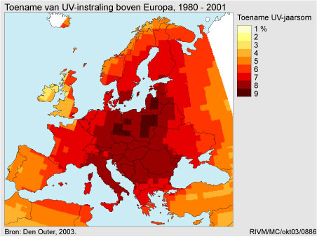 Figuur Figuur bij indicator UV-straling in Europa, 1980-2001. In de rest van de tekst wordt deze figuur uitgebreider uitgelegd.