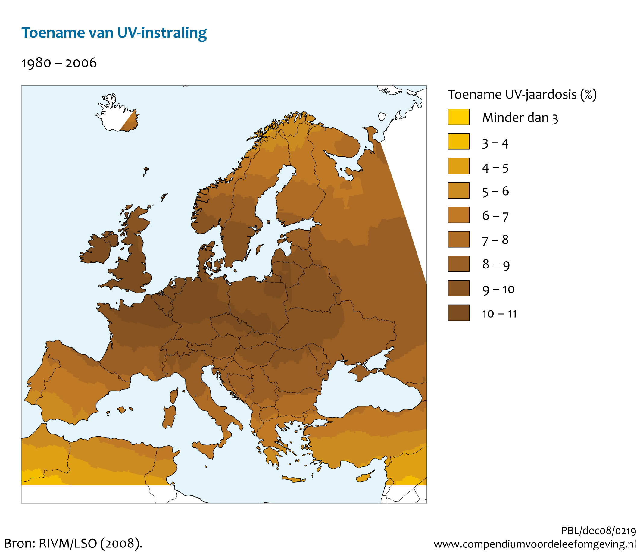 Figuur UV-straling in Europa. In de rest van de tekst wordt deze figuur uitgebreider uitgelegd.