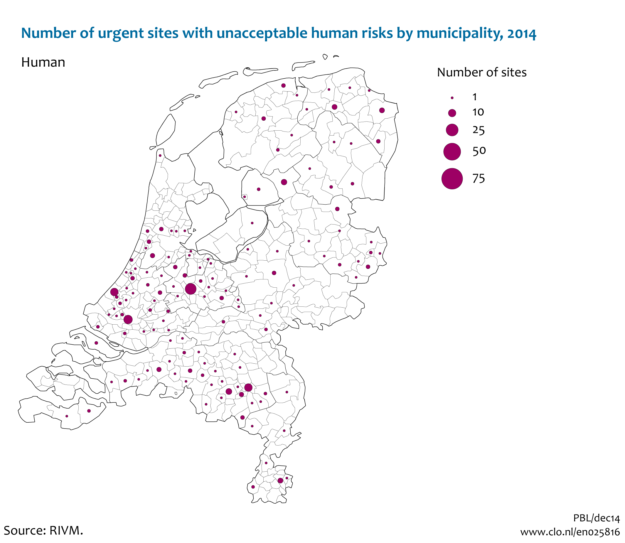 Image  Number of urgent sites with unacceptable human risks by municipality . The image is further explained in the text.