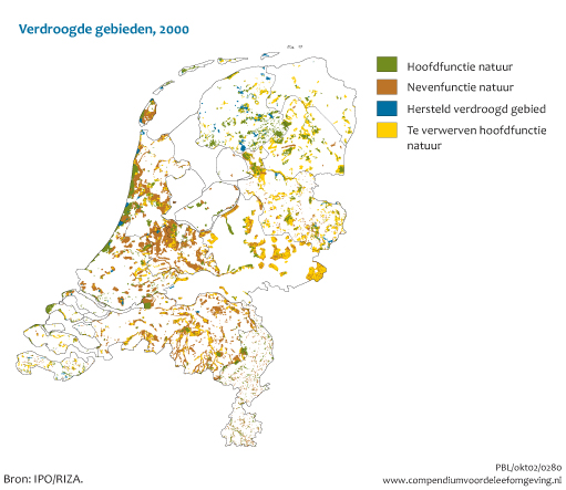 Figuur Figuur bij indicator Verdroogde gebieden in Nederland, 2000. In de rest van de tekst wordt deze figuur uitgebreider uitgelegd.