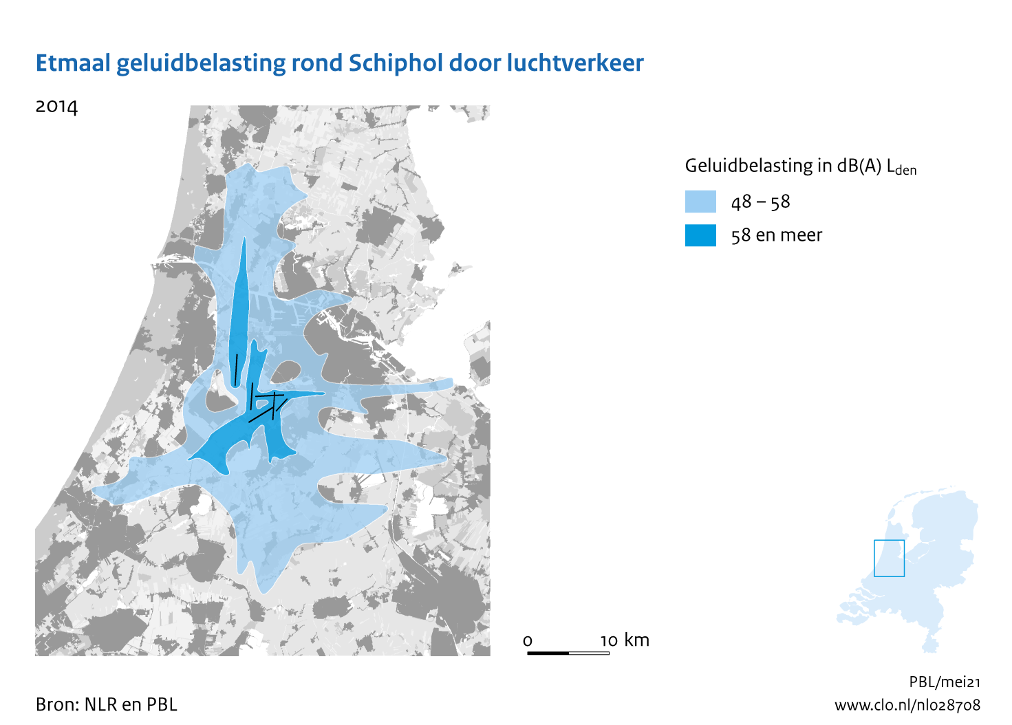 Figuur Etmaal geluidbelasting rond Schiphol door luchtverkeer, 2014. In de rest van de tekst wordt deze figuur uitgebreider uitgelegd.
