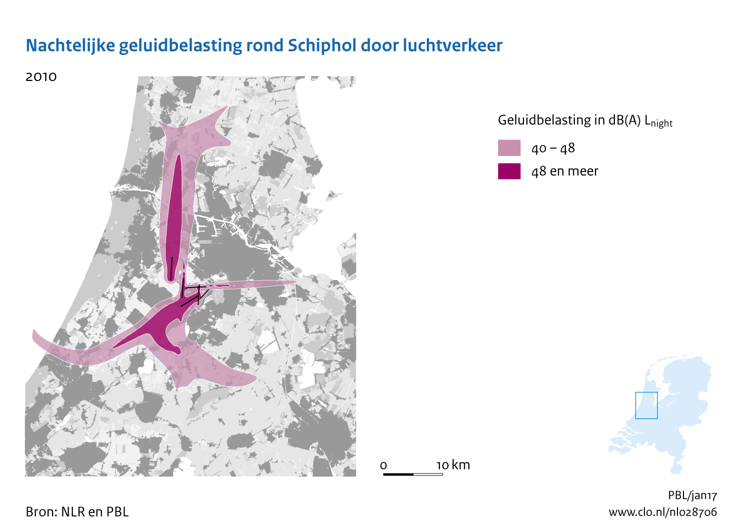 Figuur Nachtelijke geluidbelasting rond Schiphol door luchtverkeer, 2010. In de rest van de tekst wordt deze figuur uitgebreider uitgelegd.