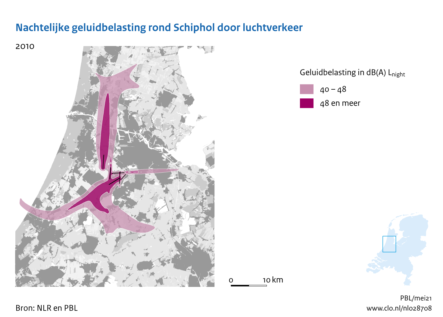 Figuur Nachtelijke geluidbelasting rond Schiphol door luchtverkeer, 2010. In de rest van de tekst wordt deze figuur uitgebreider uitgelegd.