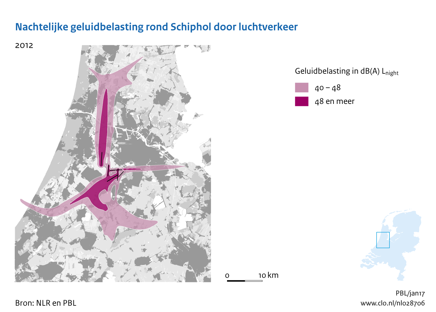 Figuur Nachtelijke geluidbelasting rond Schiphol door luchtverkeer, 2012. In de rest van de tekst wordt deze figuur uitgebreider uitgelegd.
