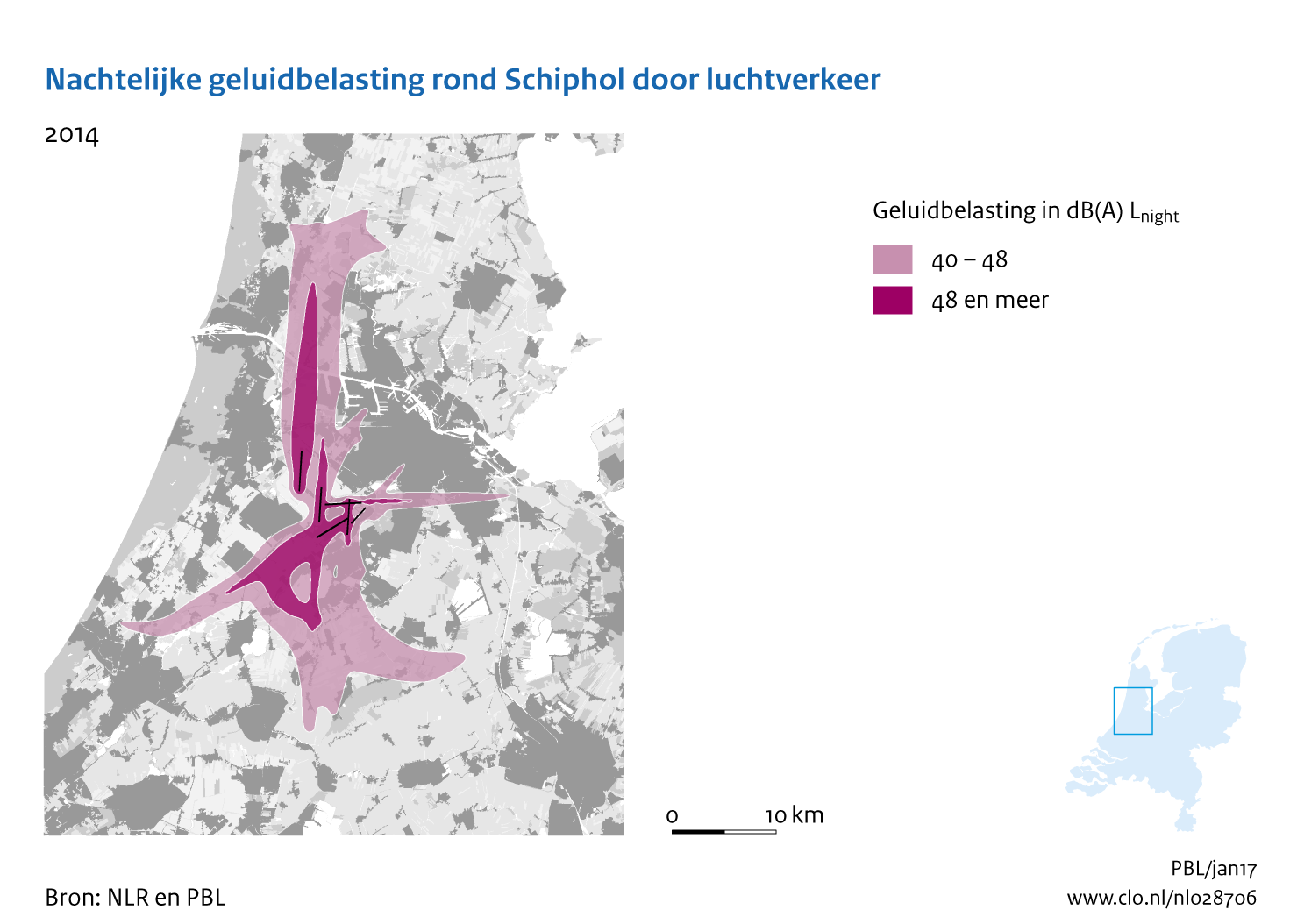 Figuur Nachtelijke geluidbelasting rond Schiphol door luchtverkeer, 2014. In de rest van de tekst wordt deze figuur uitgebreider uitgelegd.
