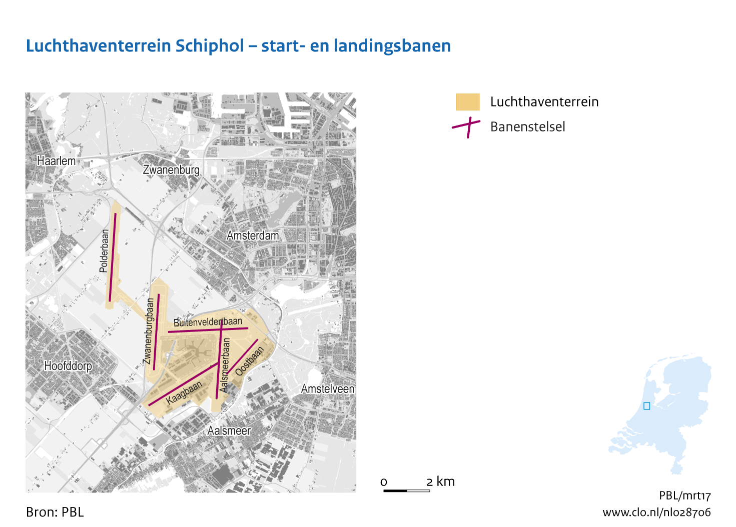 Figuur  Luchthaventerrein Schiphol - start- en landingsbanen. In de rest van de tekst wordt deze figuur uitgebreider uitgelegd.