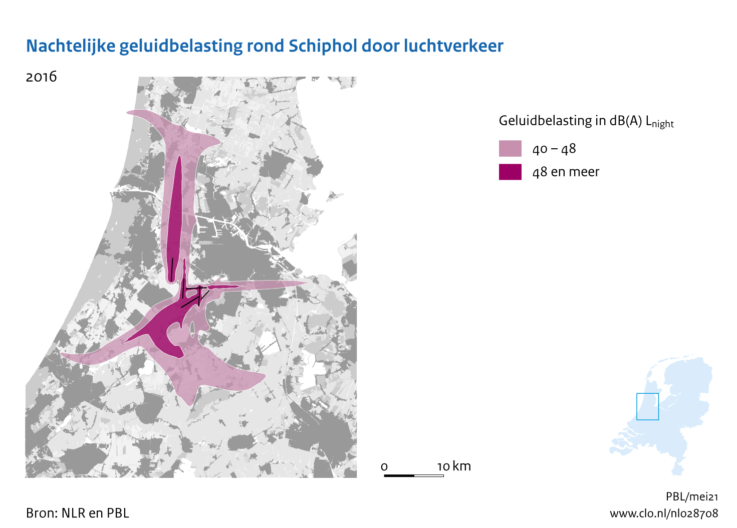Figuur Nachtelijke geluidbelasting rond Schiphol door luchtverkeer, 2016. In de rest van de tekst wordt deze figuur uitgebreider uitgelegd.
