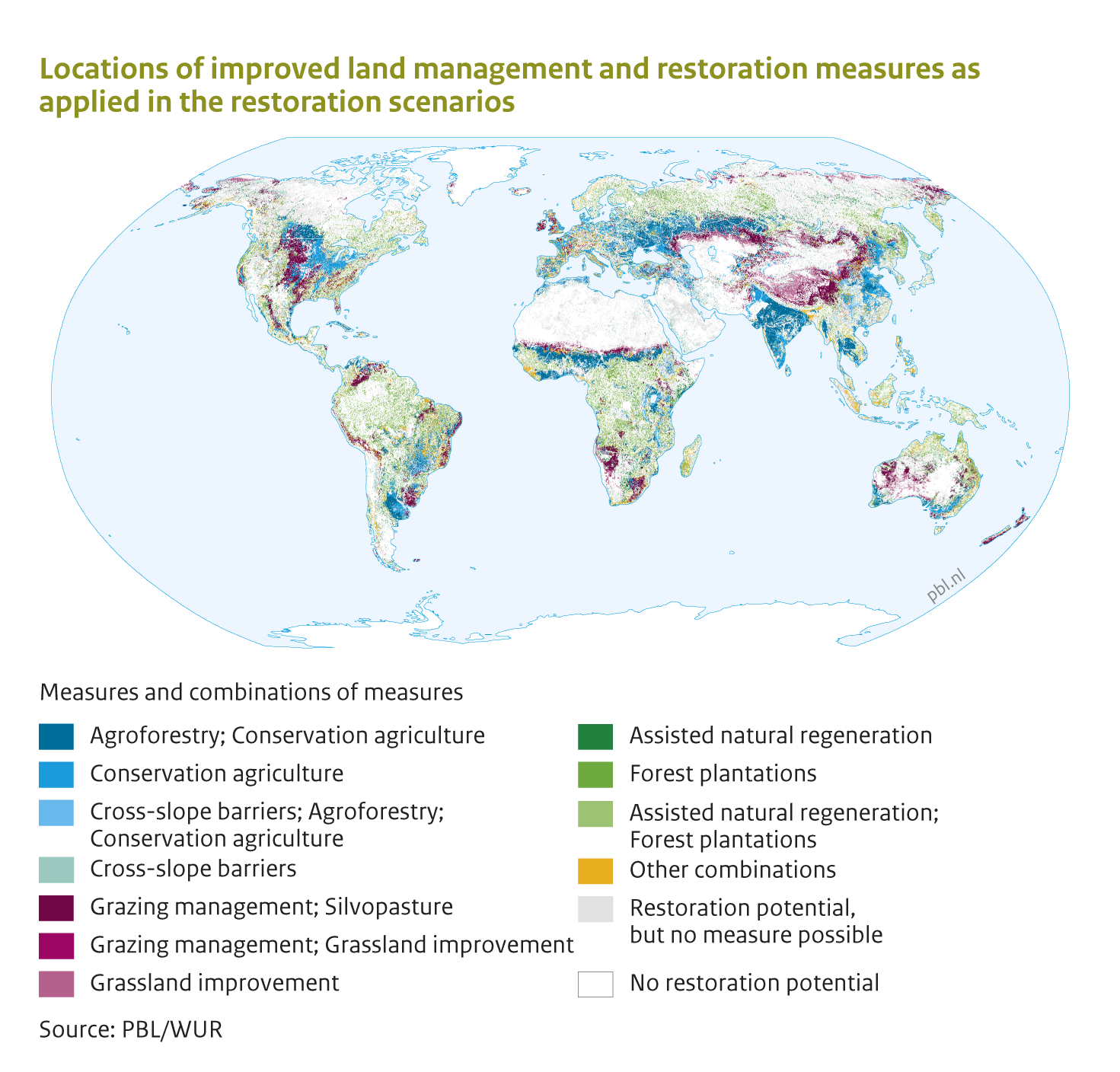 Locations of improved land management and restoration measures as applied in the restoration scenarios. World map that shows different combinations of restoration measures can be applied globally.