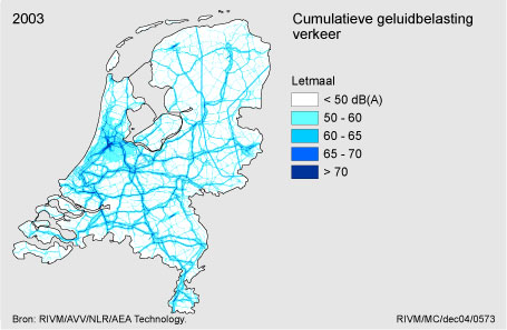 Figuur Figuur bij indicator Geluidbelasting weg-, rail- en vliegverkeer in Nederland, 2003. In de rest van de tekst wordt deze figuur uitgebreider uitgelegd.