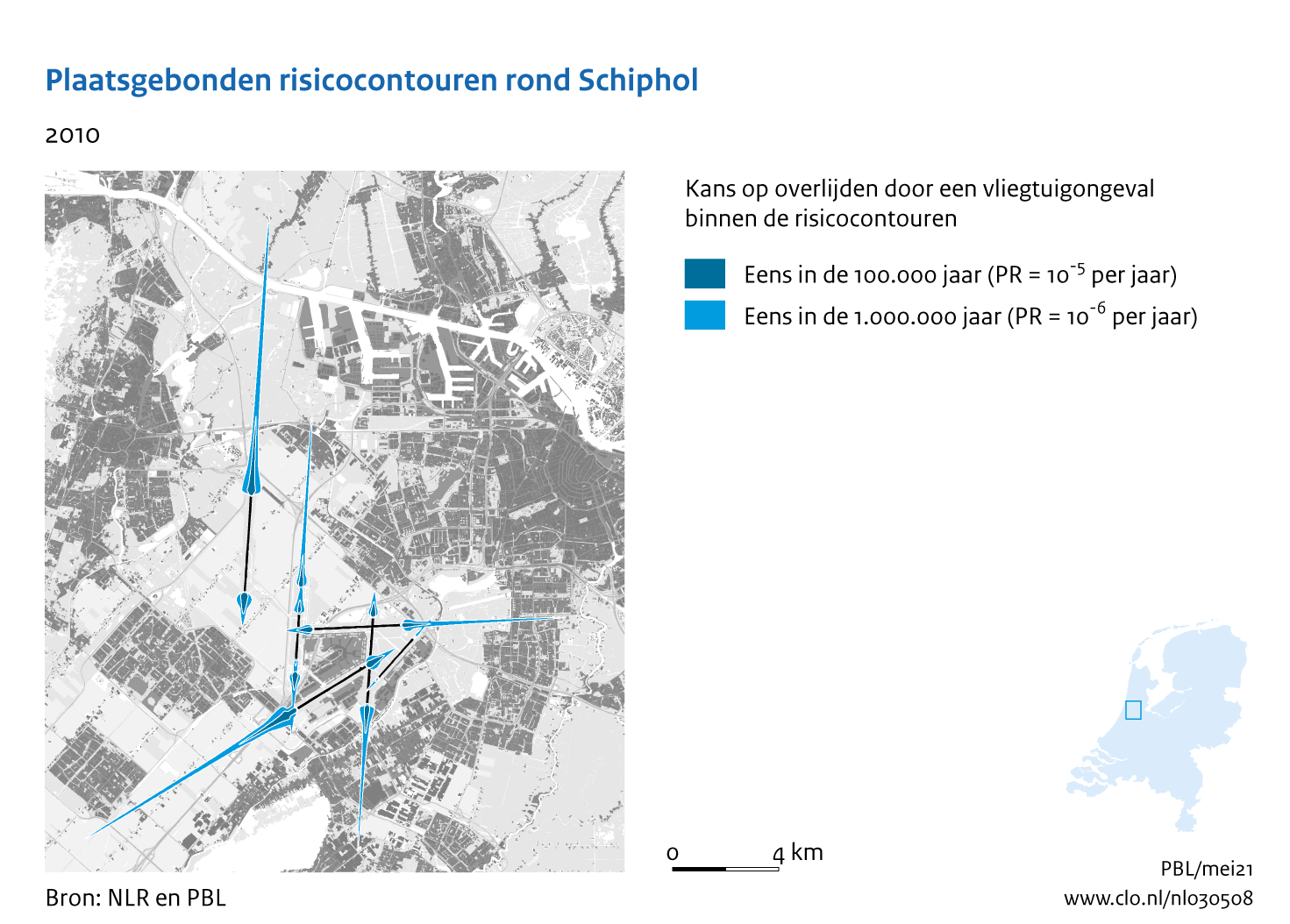 Figuur Plaatsgebonden risicocontouren rond Schiphol, 2010. In de rest van de tekst wordt deze figuur uitgebreider uitgelegd.