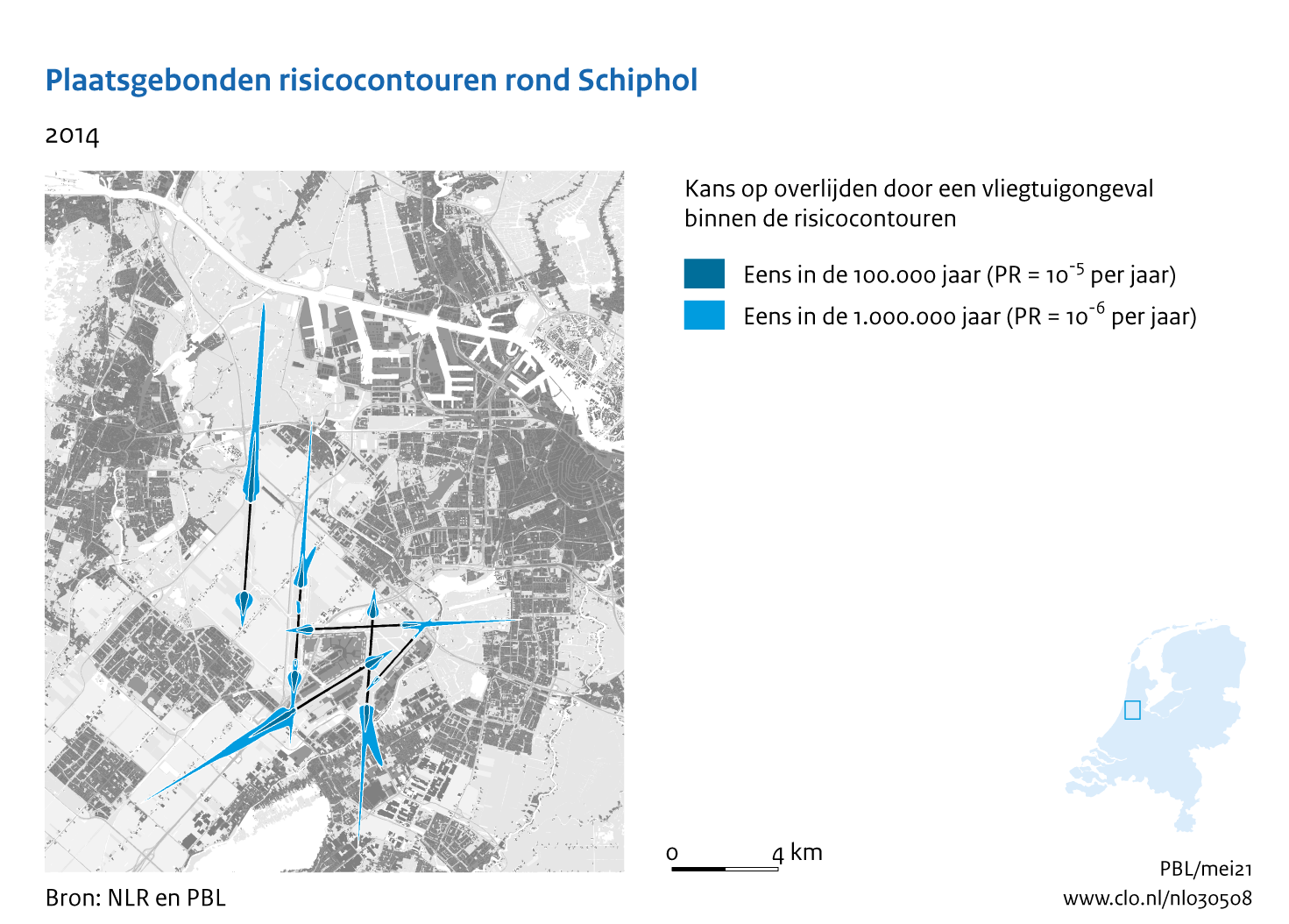 Figuur Plaatsgebonden risicocontouren rond Schiphol, 2014. In de rest van de tekst wordt deze figuur uitgebreider uitgelegd.