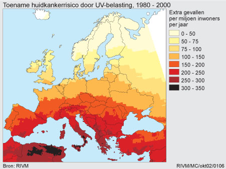 Figuur Figuur bij indicator Extra huidkankerrisico door toename UV-belasting, 1980-2000. In de rest van de tekst wordt deze figuur uitgebreider uitgelegd.