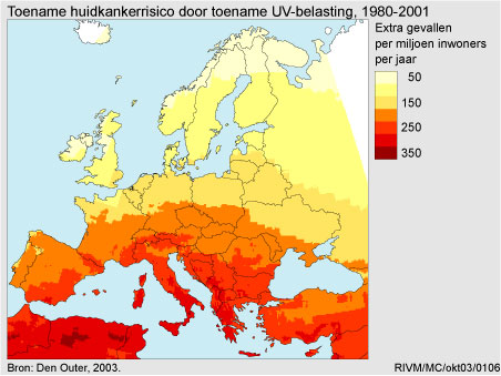 Figuur Figuur bij indicator Extra huidkankerrisico in Europa door toename UV-straling, 1980-2001. In de rest van de tekst wordt deze figuur uitgebreider uitgelegd.