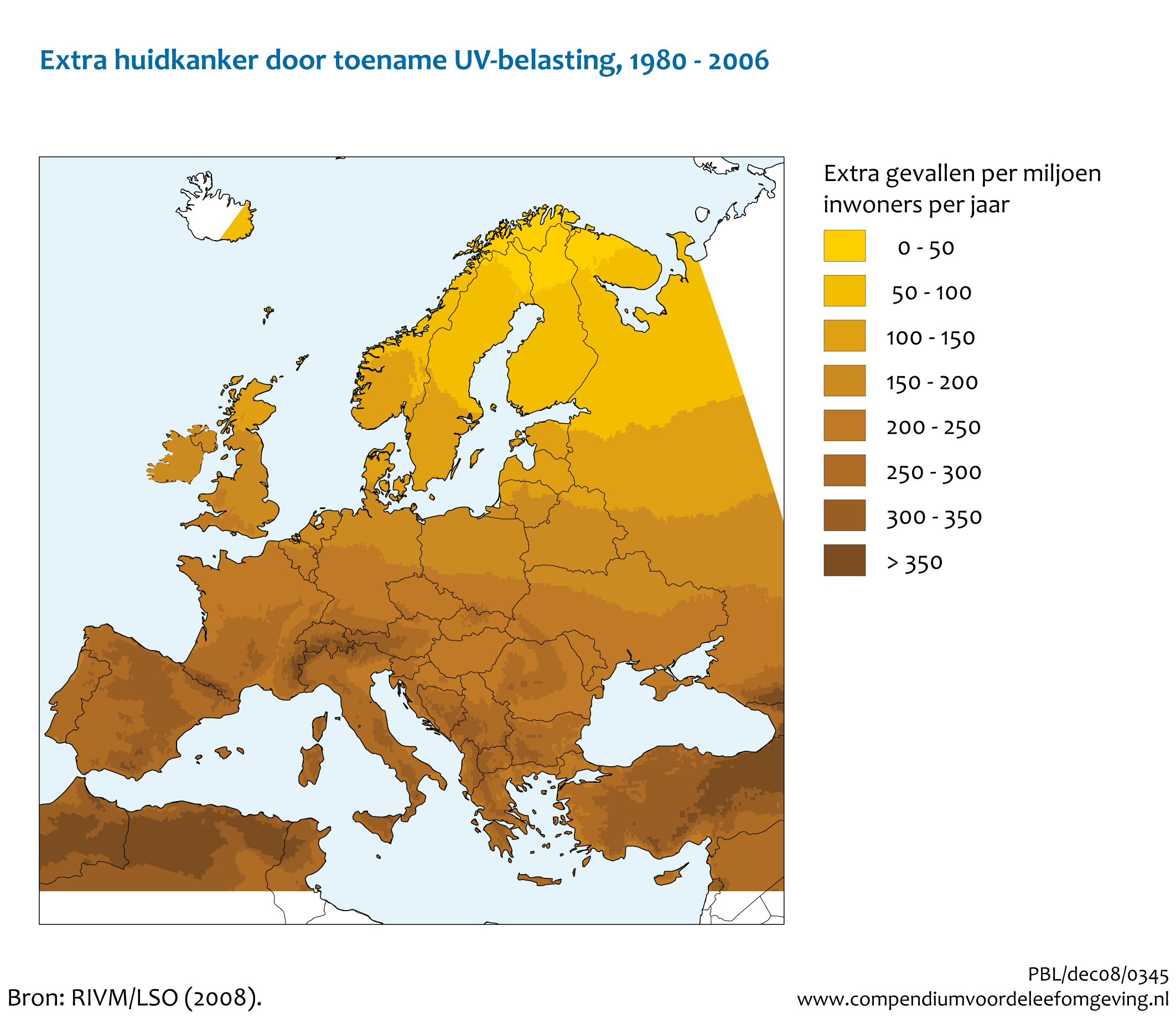 Figuur Extra huidkankerrisico in Europa door toename van UV-straling. In de rest van de tekst wordt deze figuur uitgebreider uitgelegd.