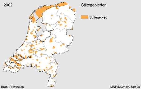 Figuur kaart stiltegebieden in Nederland in 2002. In de rest van de tekst wordt deze figuur uitgebreider uitgelegd.