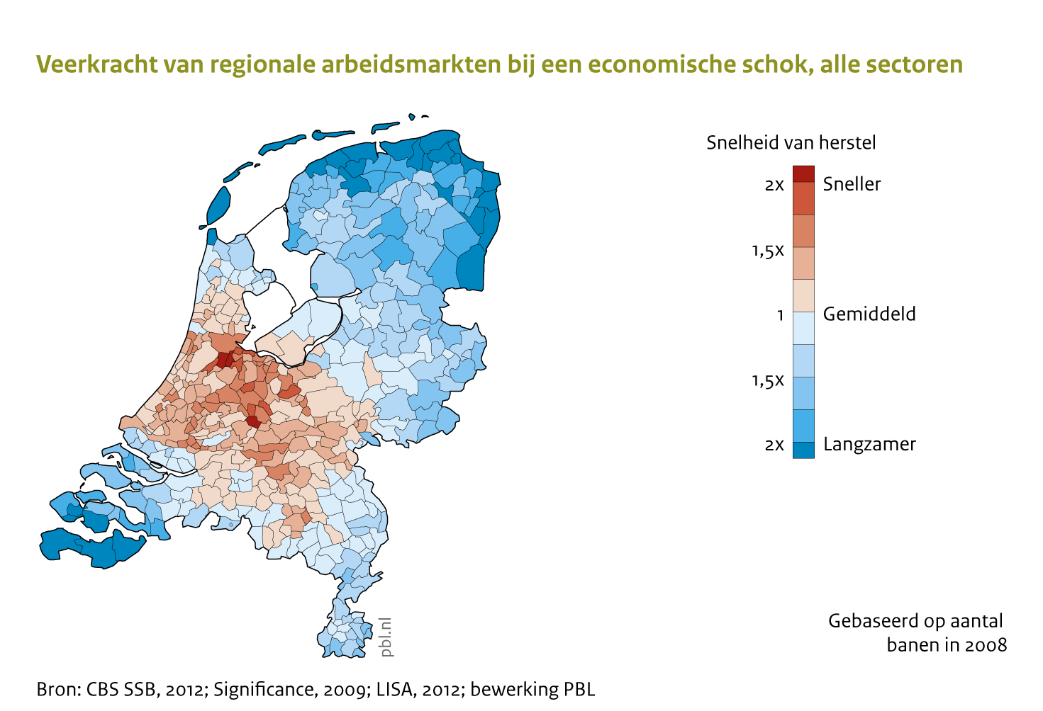 In de stedelijke gebieden in de Randstad en Noord-Brabant is de veerkracht van de regionale arbeidsmarkt het grootst.