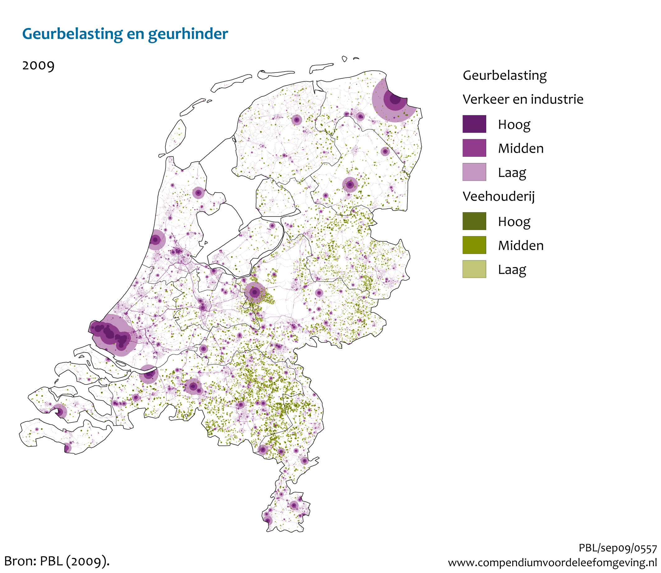 Figuur Indicatieve geurkaart voor Nederland met geurcontouren van industrie, wegverkeer en agrarische bedrijven. In de rest van de tekst wordt deze figuur uitgebreider uitgelegd.