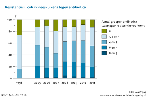 Figuur Resistentie E.coli in vleeskuikens tegen antibiotica. Steeds meer dieren dragen bacteriën met meervoudige resistentie tegen antibiotica. . In de rest van de tekst wordt deze figuur uitgebreider uitgelegd.