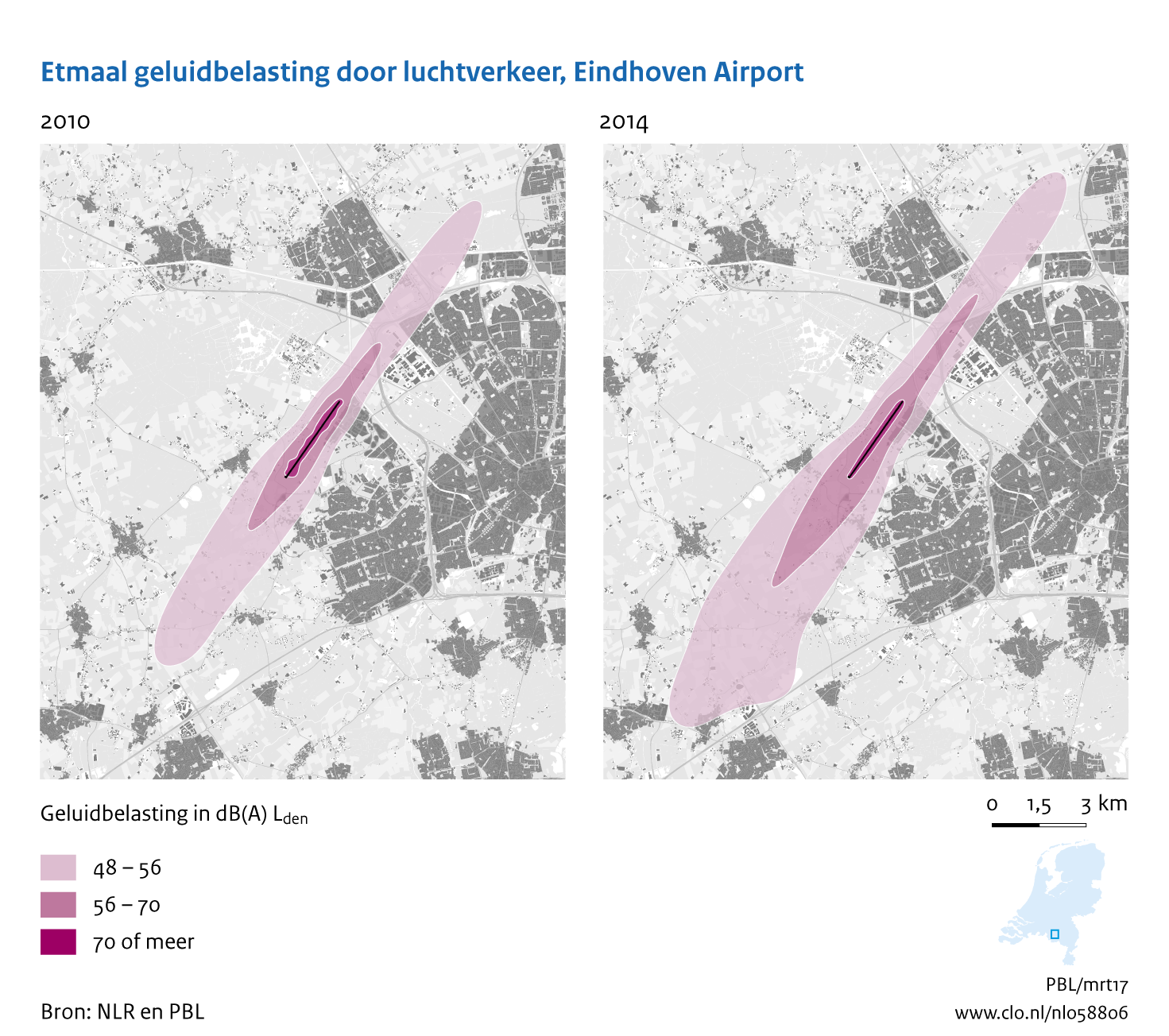 Figuur Etmaal geluidbelasting door luchtvaart, Eindhoven Airport, 2010-2014. In de rest van de tekst wordt deze figuur uitgebreider uitgelegd.
