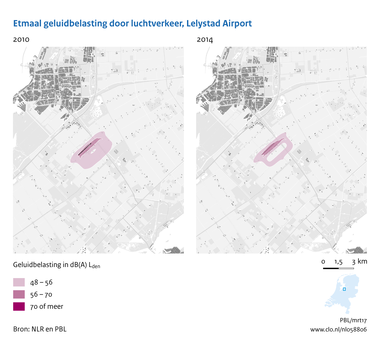 Figuur Etmaal geluidbelasting door luchtvaart, Lelystad Airport, 2010-2014. In de rest van de tekst wordt deze figuur uitgebreider uitgelegd.