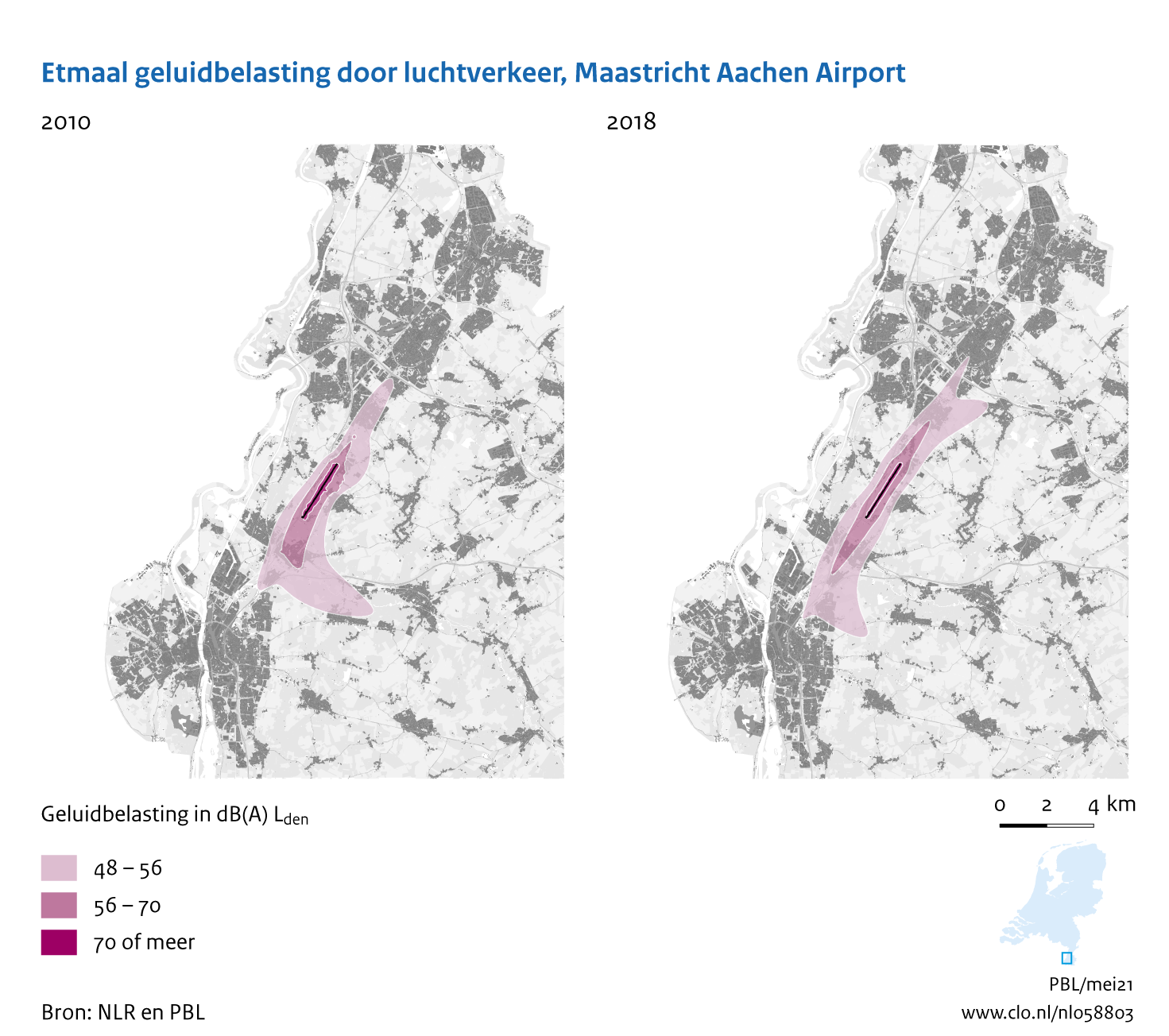 Figuur Etmaal geluidbelasting door luchtvaart, Maastricht Aachen Airport, 2010-2018. In de rest van de tekst wordt deze figuur uitgebreider uitgelegd.
