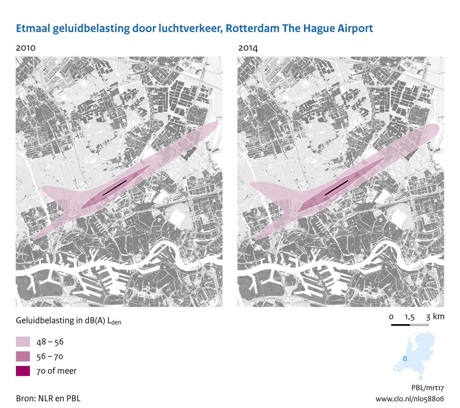 Figuur Etmaal geluidbelasting door luchtvaart, Rotterdam The Hague Airport, 2010-2014. In de rest van de tekst wordt deze figuur uitgebreider uitgelegd.