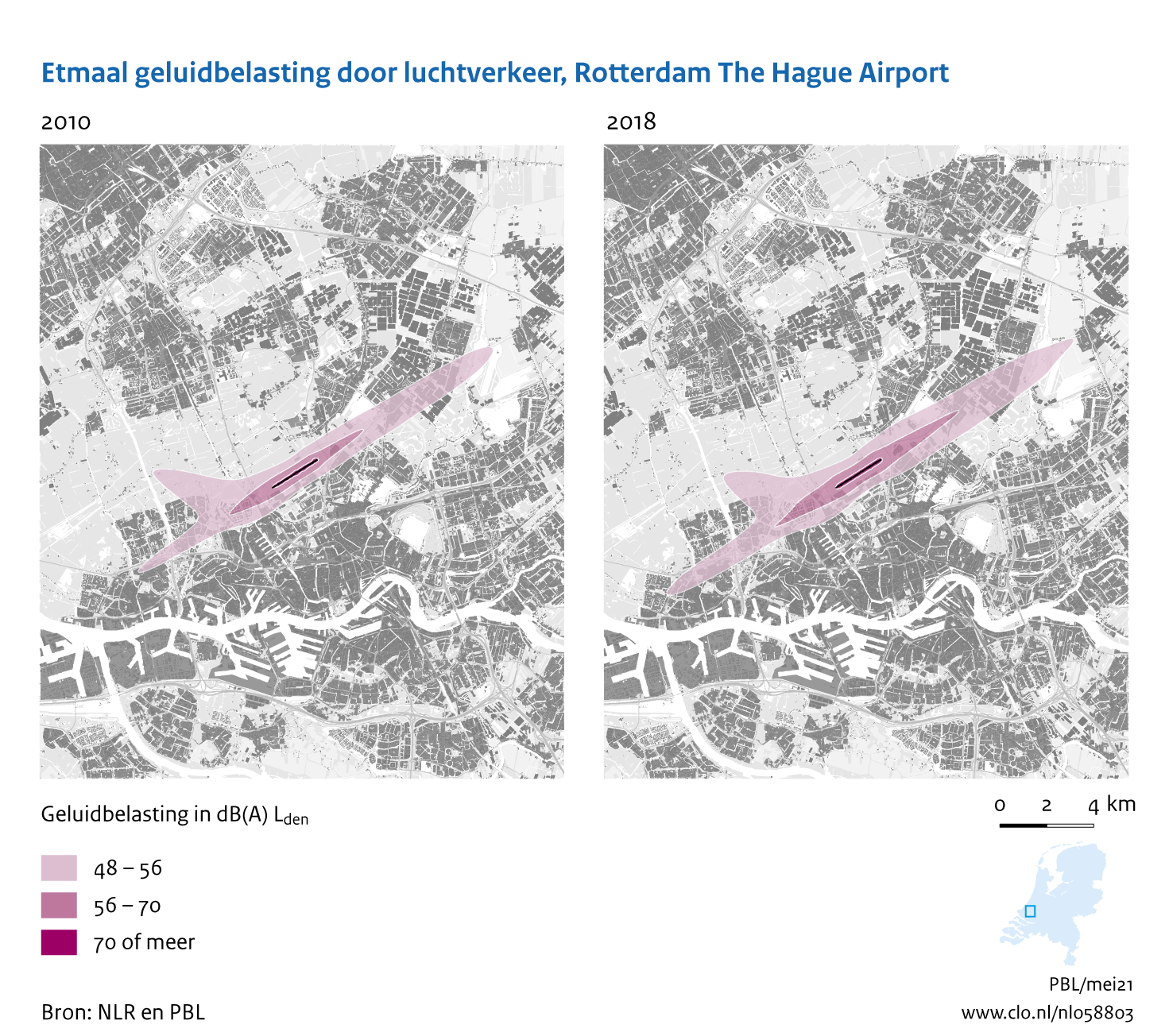 Figuur Etmaal geluidbelasting door luchtvaart, Rotterdam The Hague Airport, 2010-2018. In de rest van de tekst wordt deze figuur uitgebreider uitgelegd.