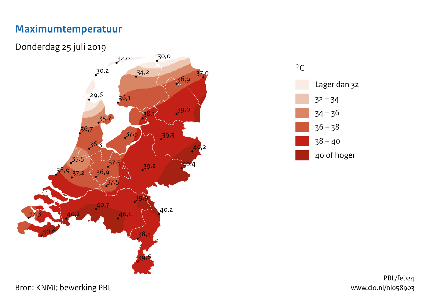 Figuur Maximumtemperatuur Nederland. In de rest van de tekst wordt deze figuur uitgebreider uitgelegd.