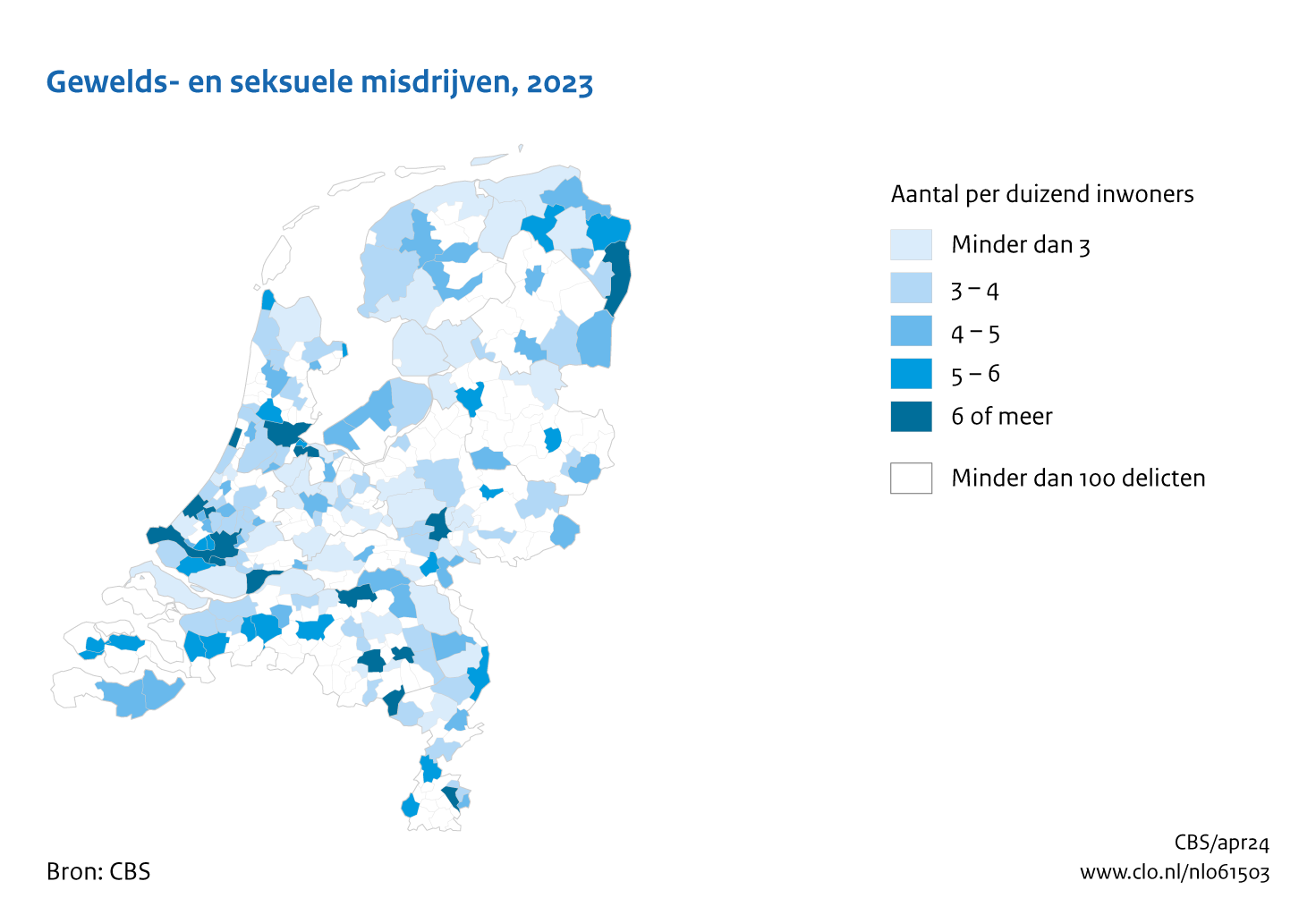 Kaart van gewelds- en seksuele misdrijven per duizend inwoners per gemeente 2023. Aandeel van 6 of meer met name in de grote gemeenten, met uitzondering van Utrecht.