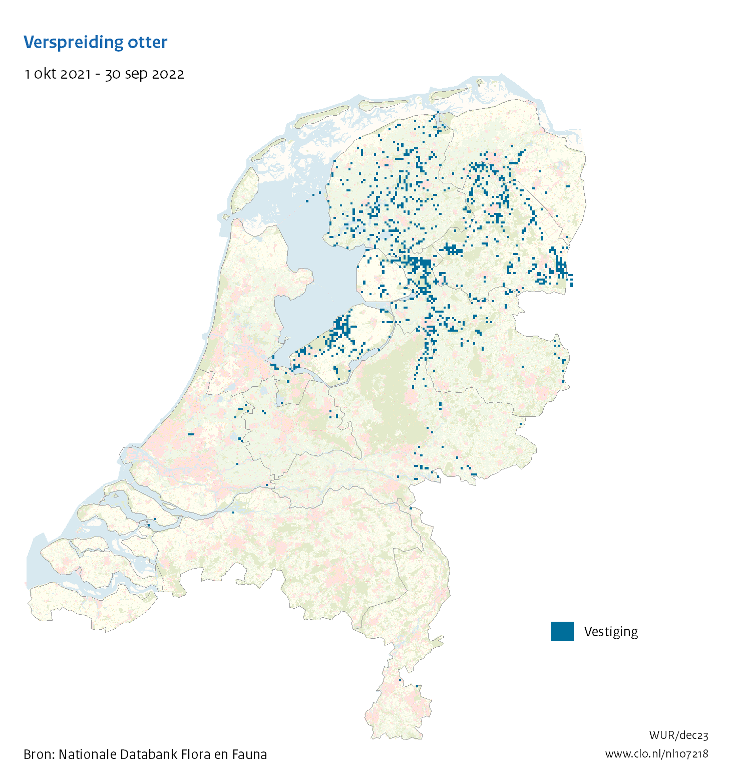 Herintroductie otter: op de kaart van Nederland is aangegeven dat de otter nu vooral in Friesland, Overijssel, Drenthe en Flevoland voorkomt en in mindere mate in Groningen, Gelderland, Utrecht en Zuid-Holland.