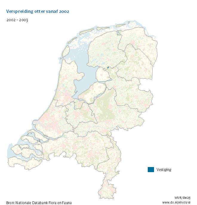 Verspreiding otter vanaf 2002: sinds de herintroductie in 2002 in Noordwest-Overijssel en Zuidwest-Friesland heeft de otter zich steeds verder verspreid in Overijssel, Friesland. Drenthe, Groningen, Flevoland, Gelderland, Utrecht en Zuid-Holland.