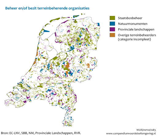 Figuur Kaart terreinen natuurbeherende organisaties in Nederland. In de rest van de tekst wordt deze figuur uitgebreider uitgelegd.