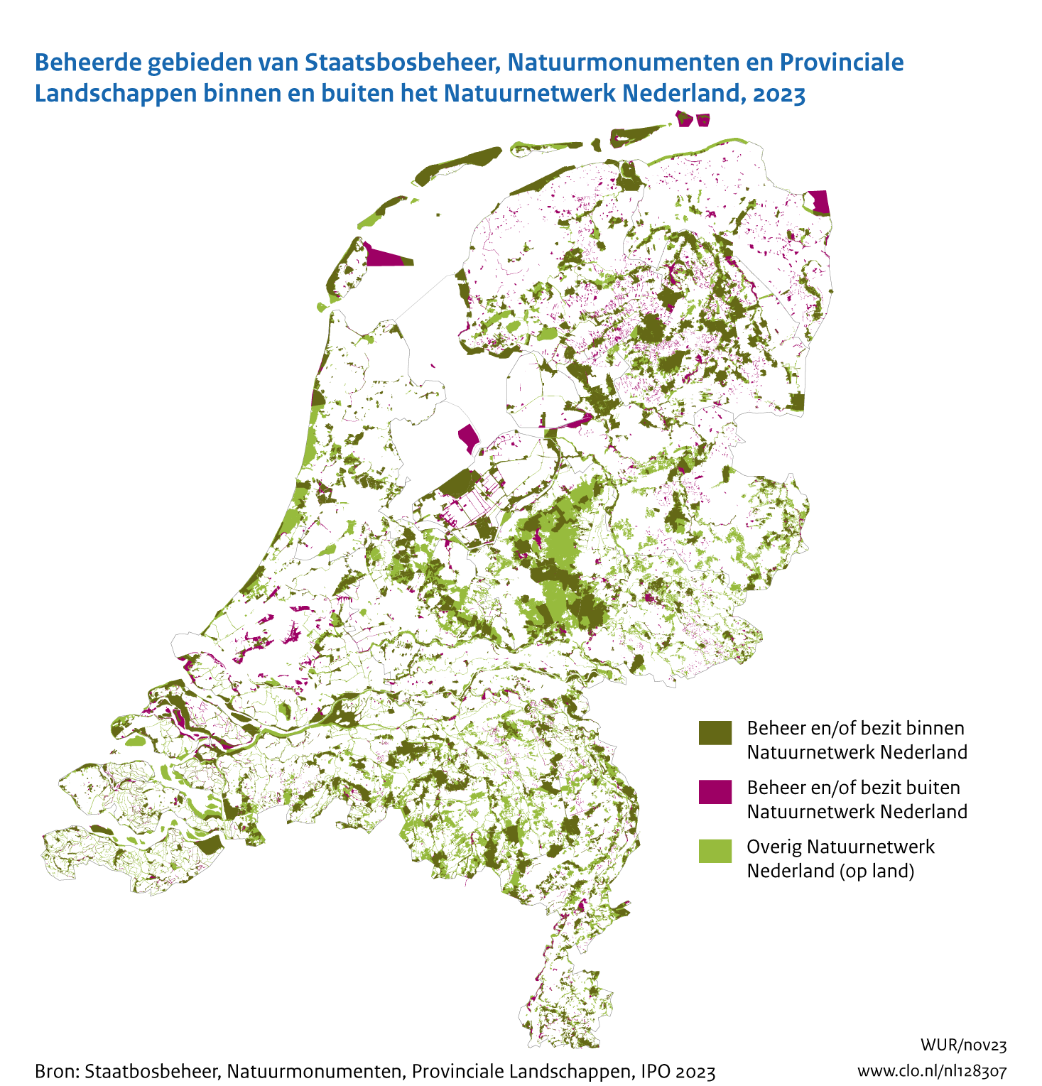 Figuur Kaart gebieden terreinbeherende organisaties in Nederland. In de rest van de tekst wordt deze figuur uitgebreider uitgelegd.