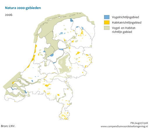 Figuur Kaart ligging Vogel- en Habitatrichtlijngebieden in Nederland. In de rest van de tekst wordt deze figuur uitgebreider uitgelegd.