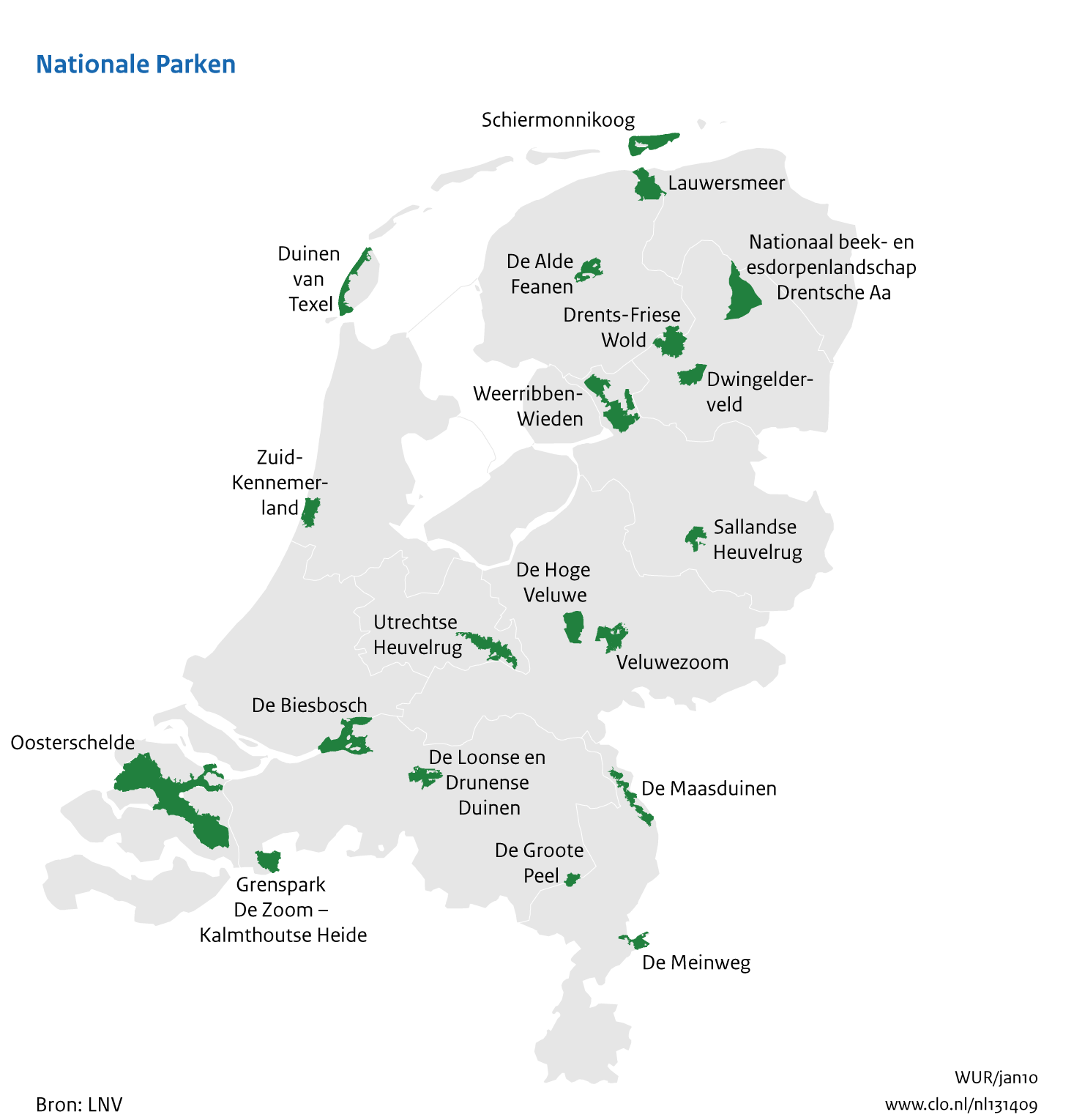 Figuur Kaart van de nationale parken in Nederland. In de rest van de tekst wordt deze figuur uitgebreider uitgelegd.