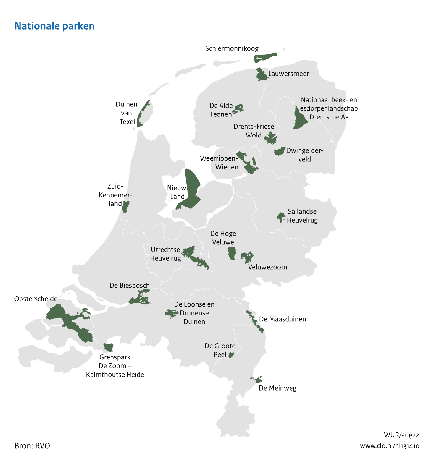 Figuur Kaart van de nationale parken in Nederland. In de rest van de tekst wordt deze figuur uitgebreider uitgelegd.