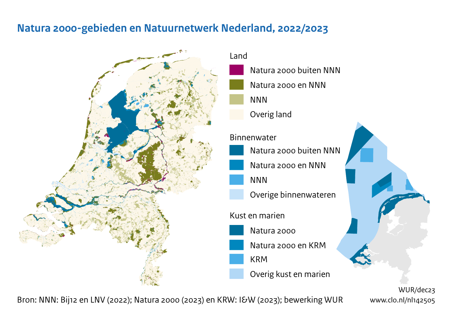 Figuur Natura 2000-gebieden en Natuurnetwerk Nederland. In de rest van de tekst wordt deze figuur uitgebreider uitgelegd.