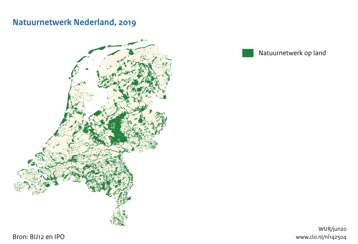 Figuur Natuurnetwerk Nederland 2019. In de rest van de tekst wordt deze figuur uitgebreider uitgelegd.
