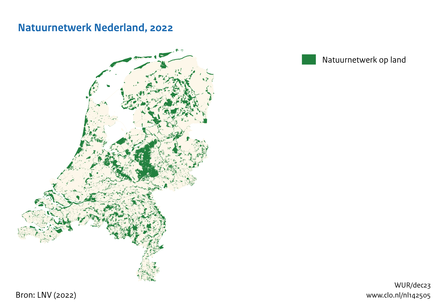 Figuur Natuurnetwerk Nederland 2022. In de rest van de tekst wordt deze figuur uitgebreider uitgelegd.