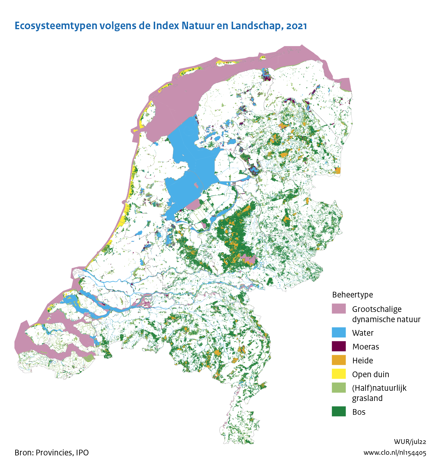 Figuur Ecosysteemtypen op basis van de Index NL. In de rest van de tekst wordt deze figuur uitgebreider uitgelegd.