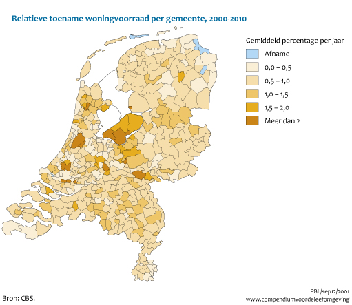 Figuur  Relatieve verandering woningvoorraad per gemeente, 2000-2010. In de rest van de tekst wordt deze figuur uitgebreider uitgelegd.