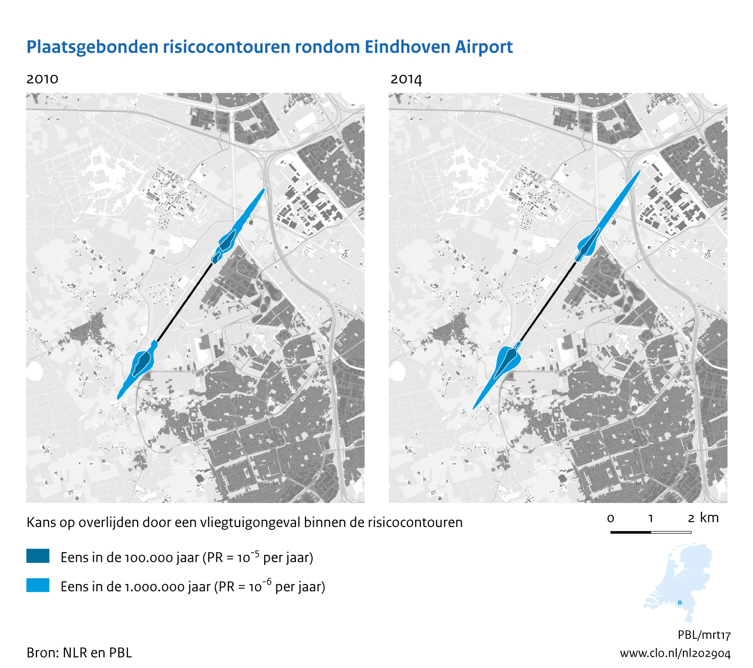 Figuur Plaatsgebonden risicocontouren rondom Eindhoven Airport, 2010-2014. In de rest van de tekst wordt deze figuur uitgebreider uitgelegd.