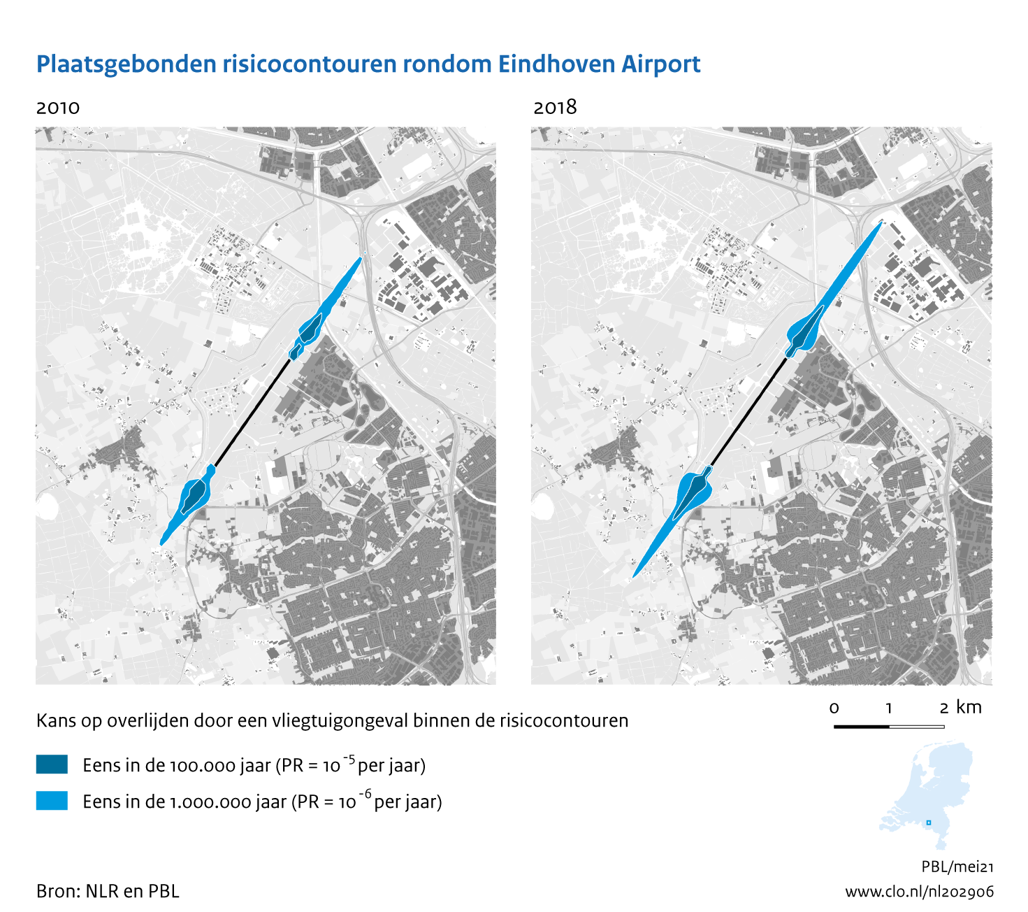 Figuur Plaatsgebonden risicocontouren rondom Eindhoven Airport, 2010-2018. In de rest van de tekst wordt deze figuur uitgebreider uitgelegd.