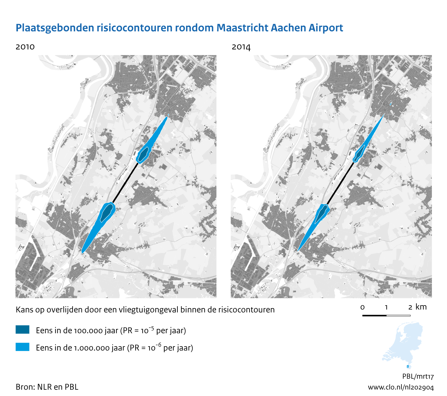 Figuur Plaatsgebonden risicocontouren rondom Maastricht Aachen Airport, 2010-2014. In de rest van de tekst wordt deze figuur uitgebreider uitgelegd.