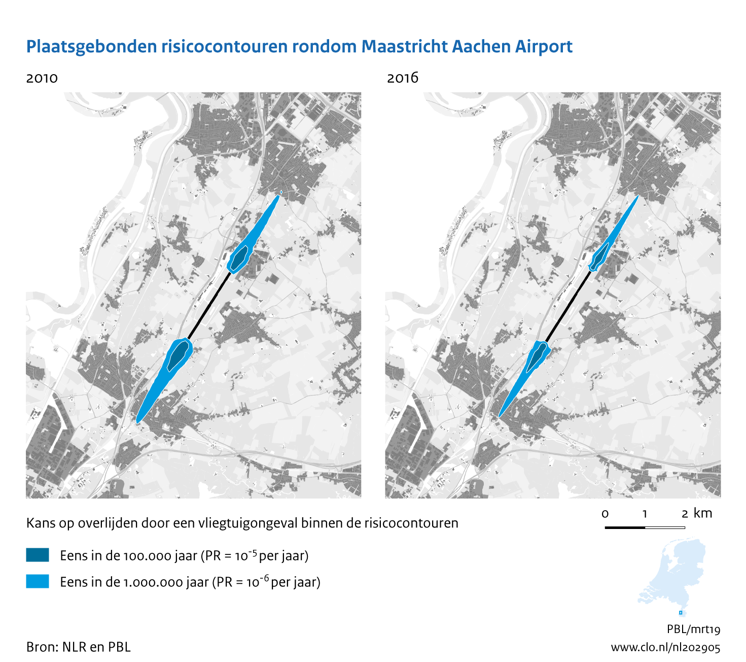Figuur Plaatsgebonden risicocontouren rondom Maastricht Aachen Airport, 2010-2016. In de rest van de tekst wordt deze figuur uitgebreider uitgelegd.