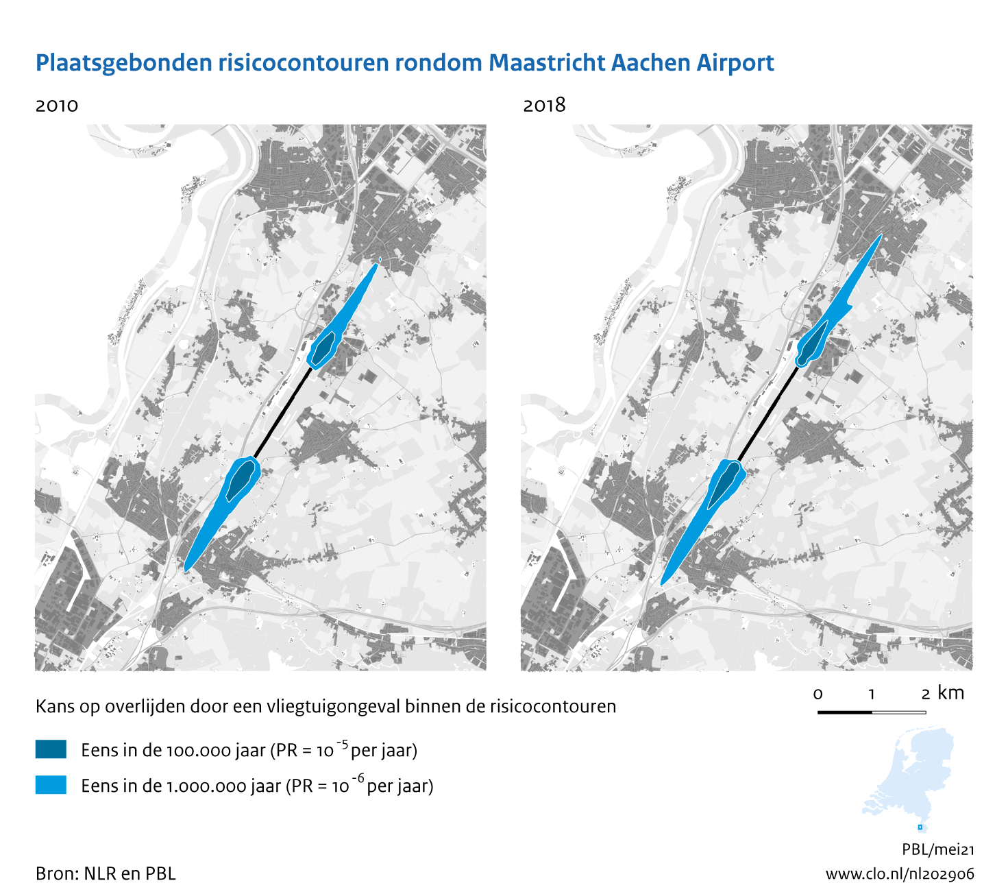 Figuur Plaatsgebonden risicocontouren rondom Maastricht Aachen Airport, 2010-2018. In de rest van de tekst wordt deze figuur uitgebreider uitgelegd.