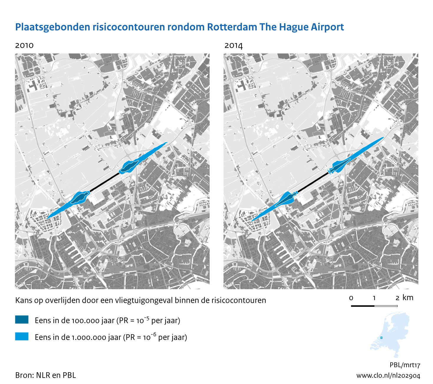 Figuur Plaatsgebonden risicocontouren rondom Rotterdam The Hague  Airport, 2010-2014. In de rest van de tekst wordt deze figuur uitgebreider uitgelegd.