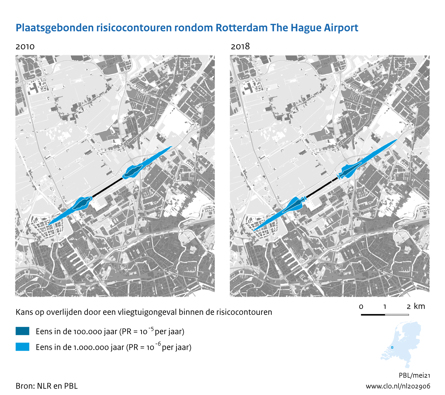Figuur Plaatsgebonden risicocontouren rondom Rotterdam The Hague  Airport, 2010-2018. In de rest van de tekst wordt deze figuur uitgebreider uitgelegd.