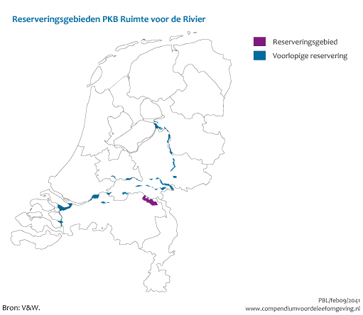 Figuur reserveringsgebieden PKB Ruimte voor rivier. In de rest van de tekst wordt deze figuur uitgebreider uitgelegd.
